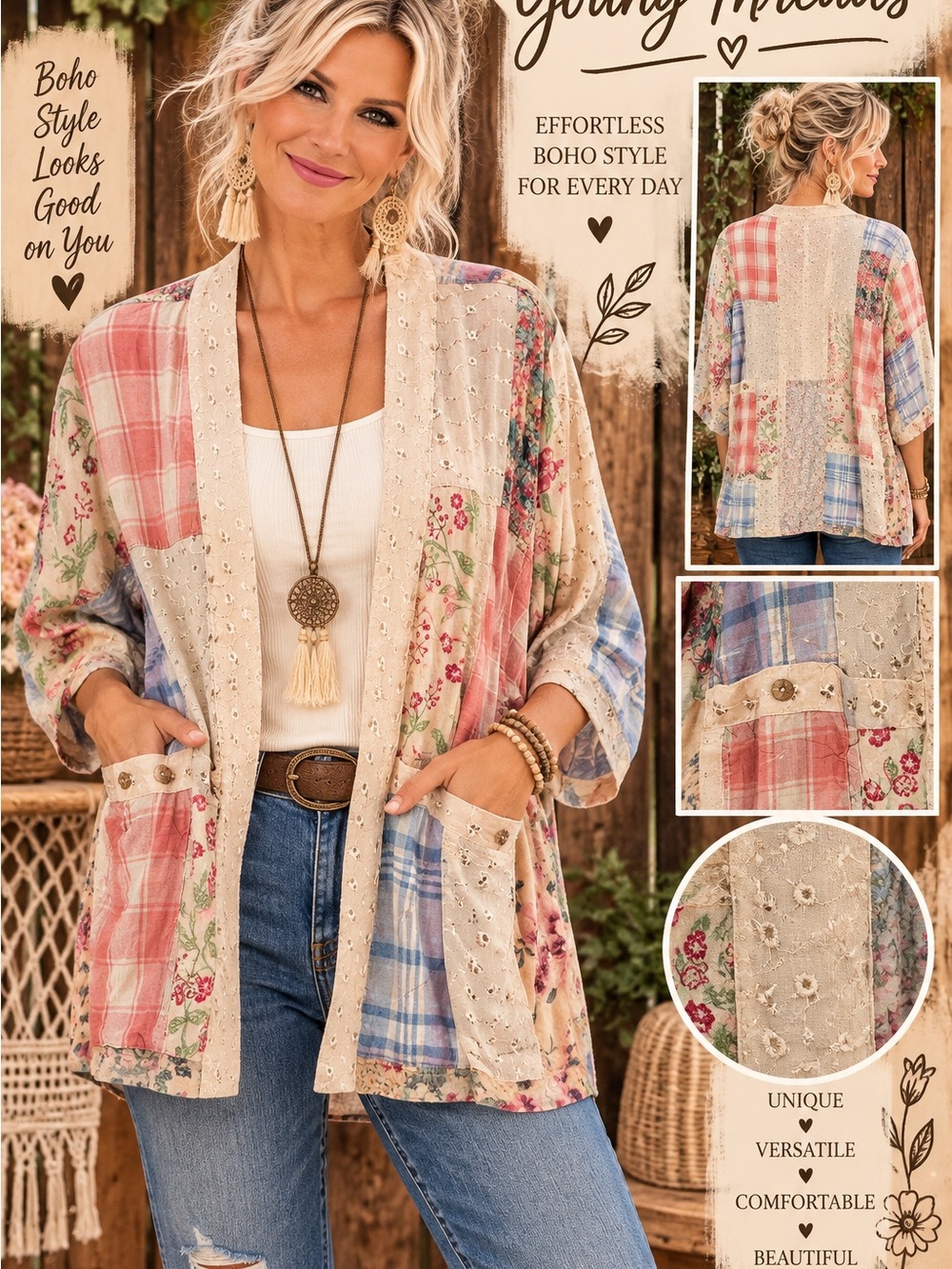 Women's Boho Patchwork Open-Front Cardigan Sweater in Cream, Pink & Blue